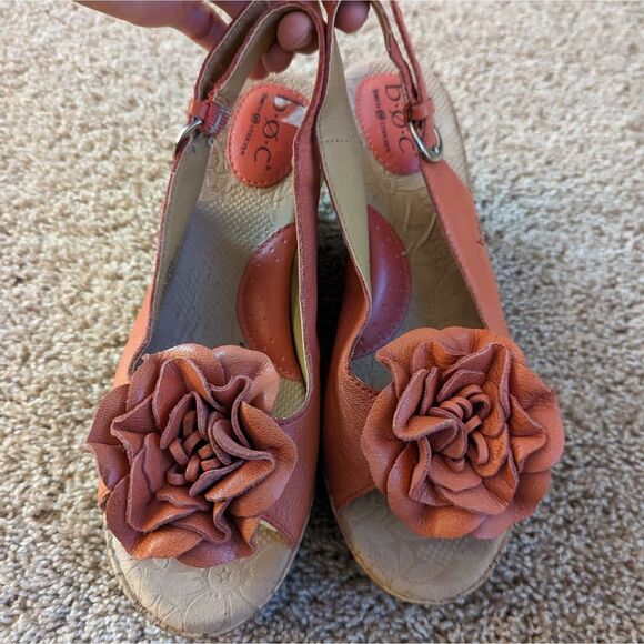 Born Concepts Pink Orange Leather Flower Slingback Peep Toe Cork Wedges - Picture 1 of 9